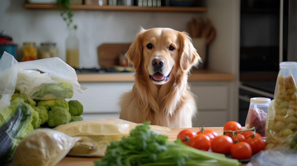 Golden Retriever Hund schaut in der Küche auf frisches Gemüse. Gesundes, nahrhaftes Futter für Haustiere, einschließlich veganer und vegetarischer Optionen. Bedeutung einer ausgewogenen, menschenwürdigen Ernährung für Haustiere.