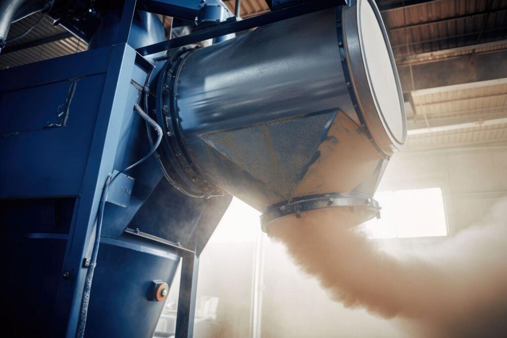 Moderne Entstaubungsanlage in Aktion in einer Industriehalle, die eine große Menge Staub aus dem Luftstrom filtert, um die Luftqualität zu verbessern.