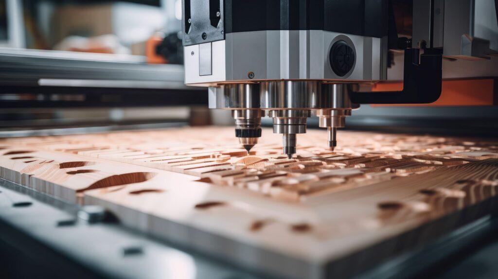 Eine Nahaufnahme einer CNC Fräsmaschine, die detaillierte Muster in Holz fräst und höchste Präzision und Effizienz in der modernen Holzbearbeitung demonstriert.