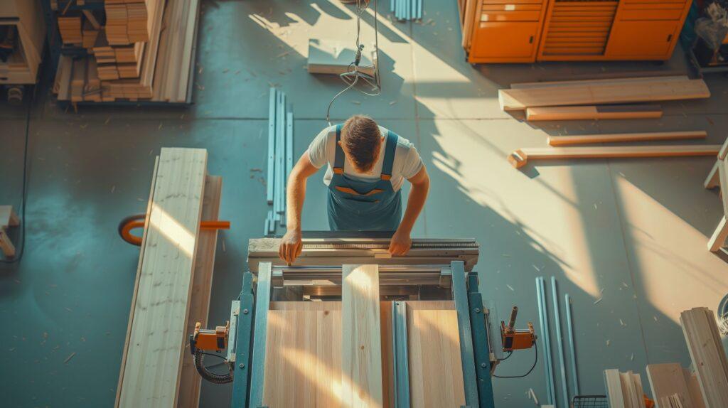 Ein Tischler arbeitet konzentriert an einer modernen Holzbearbeitungsmaschine, umgeben von Holzlatten und Werkstattutensilien, während die Sonne durch das Fenster scheint.