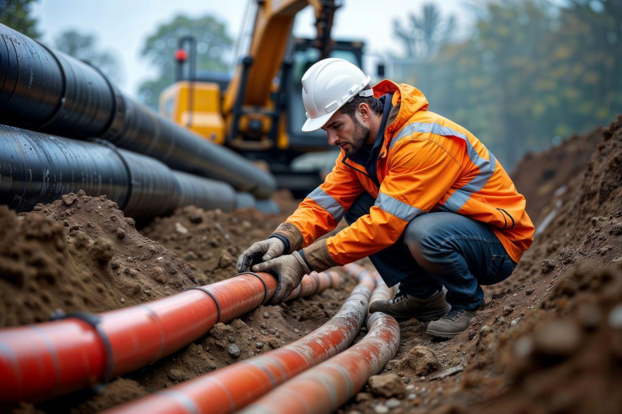 Arbeiter beim Verlegen von Rohrleitungen für Stauraumkanäle auf einer Baustelle