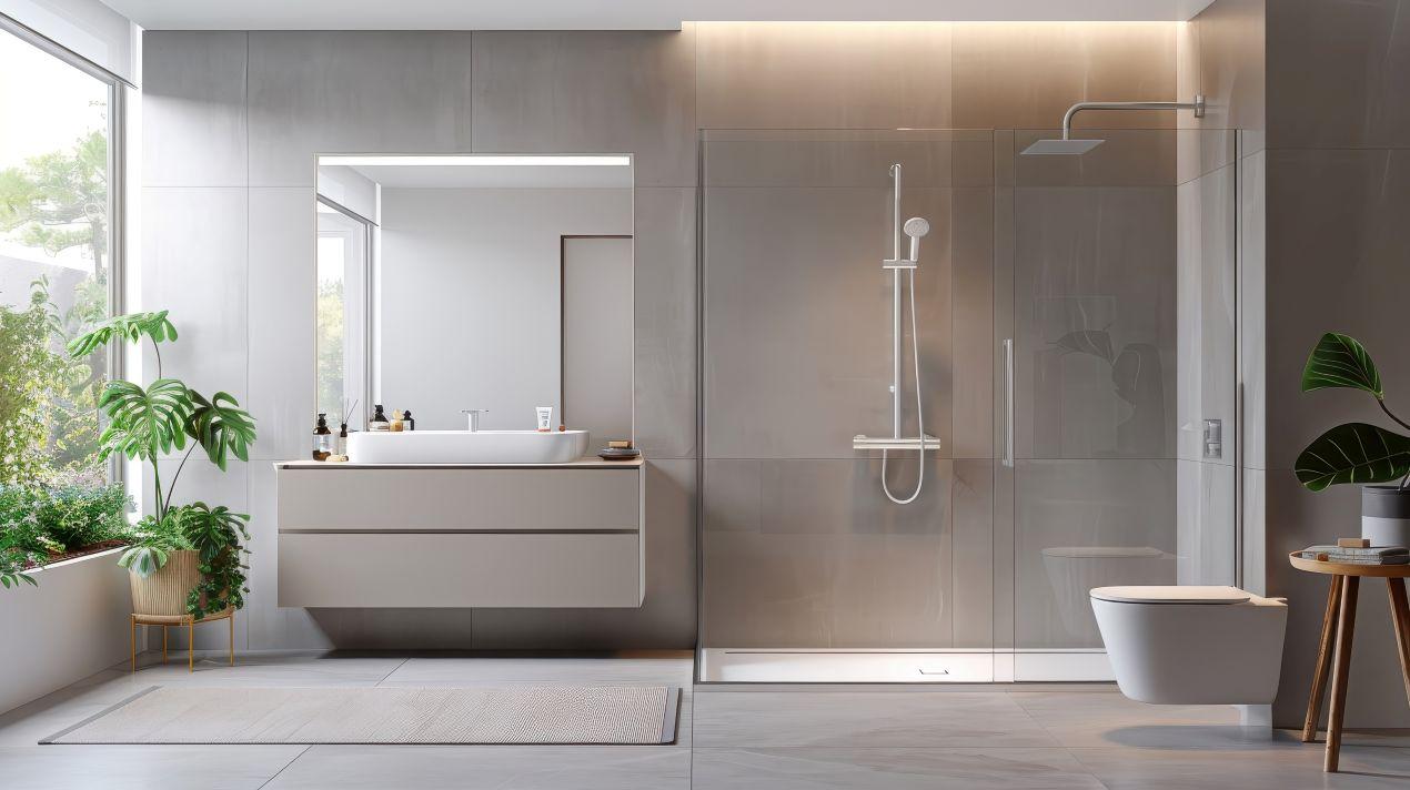 Stilvolles Badezimmer mit Glasdusche, eleganter Duschrueckwand Aluverbund und integriertem Lichtdesign