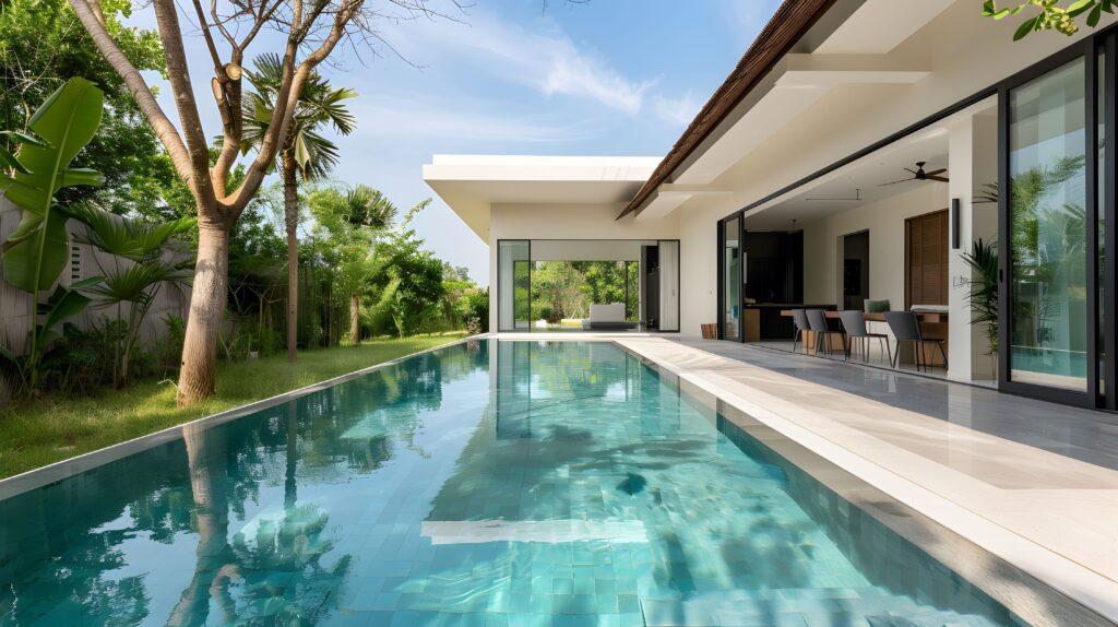 Klarer Pool-Villa-Freizeitraum tagsüber