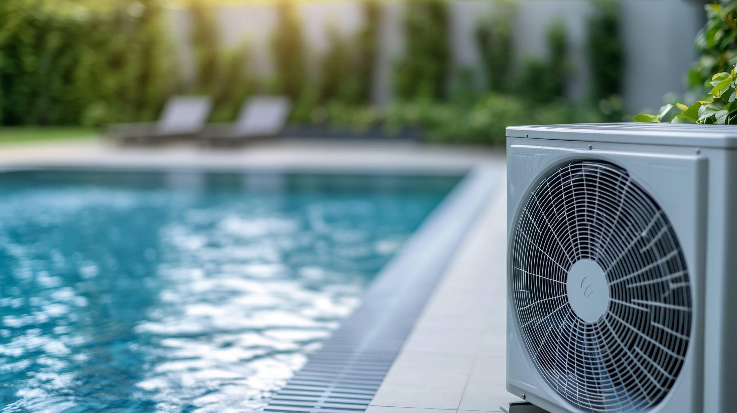 Moderne Luftwärmepumpe am Pool, die Effizienz mit einem eleganten Outdoor-Design verbindet.