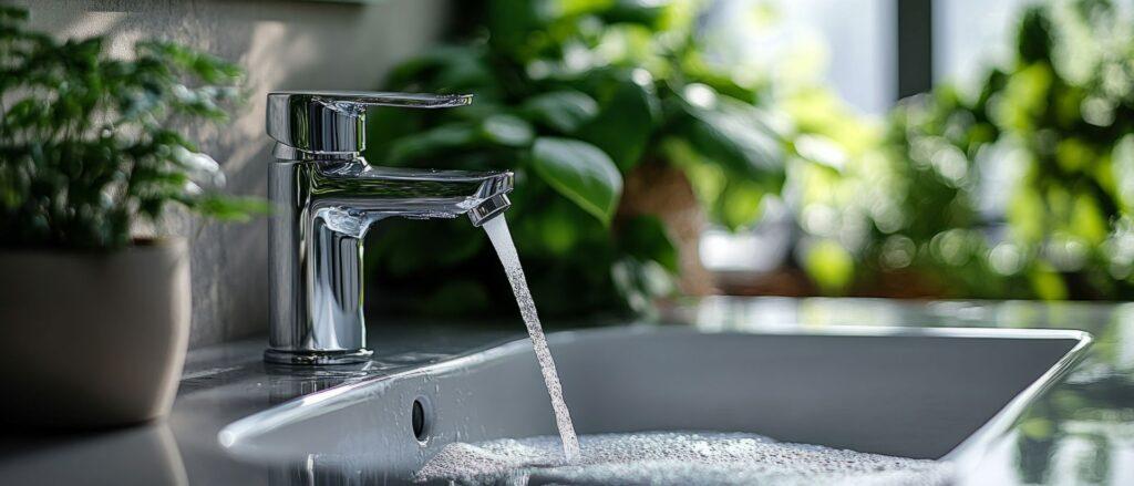 Moderner Wasserhahn mit fliessendem Wasser im Badezimmer, weiches Licht und gruene Pflanzen – Symbol fuer kalkfreies Wasser durch eine Enthaertungsanlage