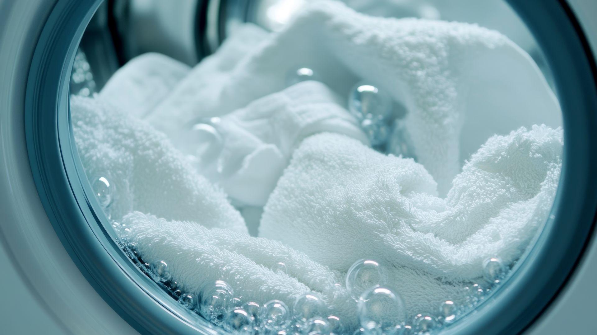 Nahaufnahme von weisser Waesche in der Trommel einer Waschmaschine mit Schaum – weiches Wasser sorgt fuer bessere Waschergebnisse