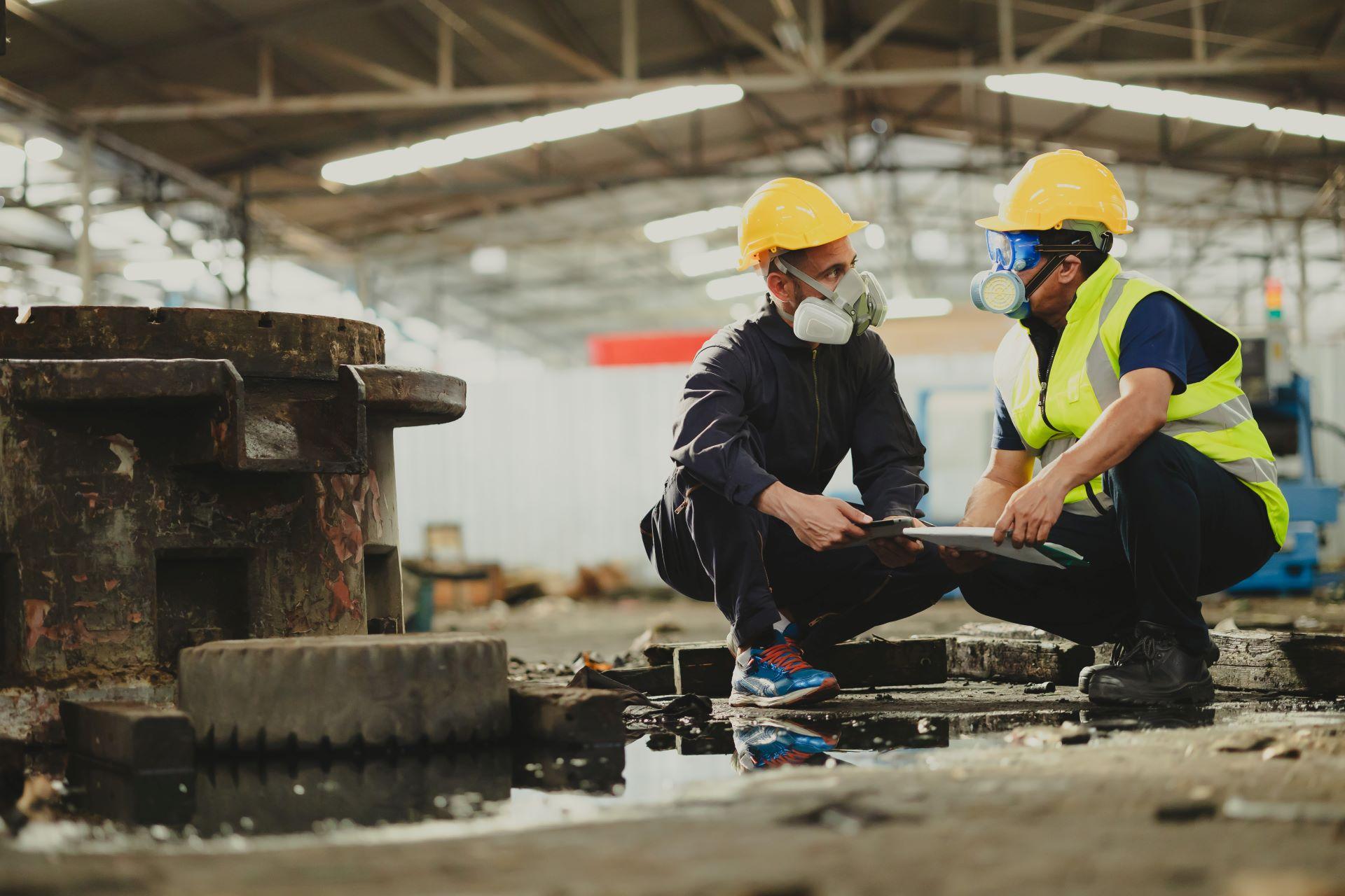 Zwei Arbeiter mit Atemschutzmaske auf verunreinigter Industriefläche