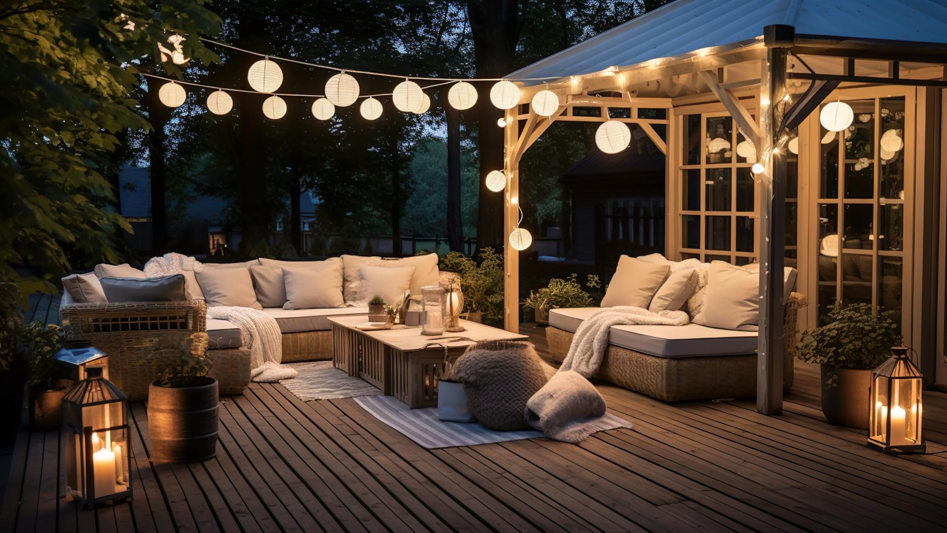 Stimmungsvolle Terrasse mit Lichterkette, Kerzen und Loungeecke | Terrassenstühle