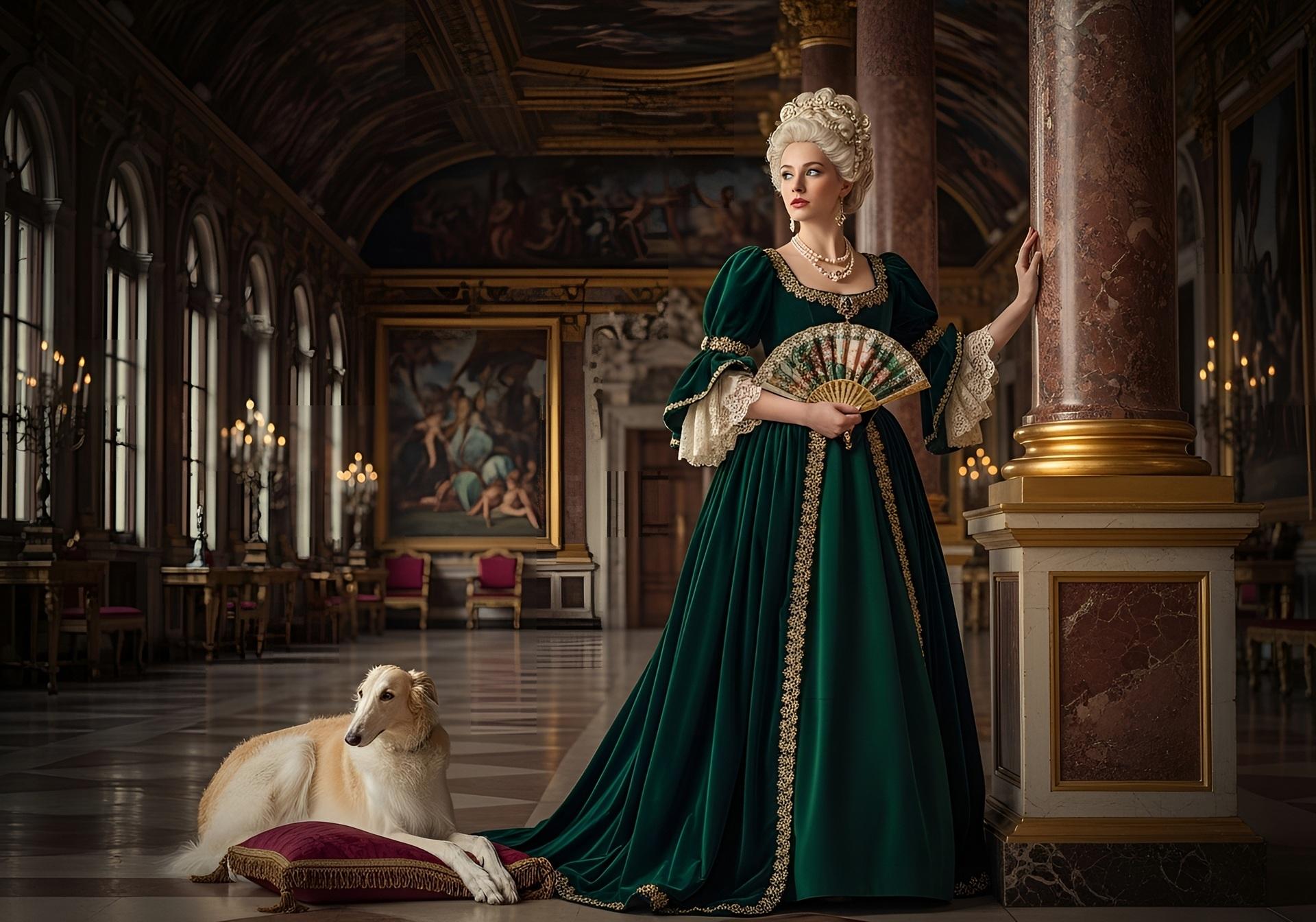 Elegante Frau im Schloss mit Hund und Fächer | Hair Extensions